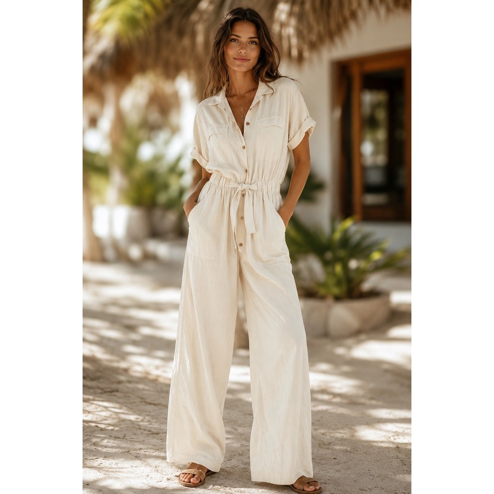 Y2K Safari Utility Jumpsuit Clean Girl Short Sleeve Size 10 Relaxed Fit Resort - Picture 1 of 4